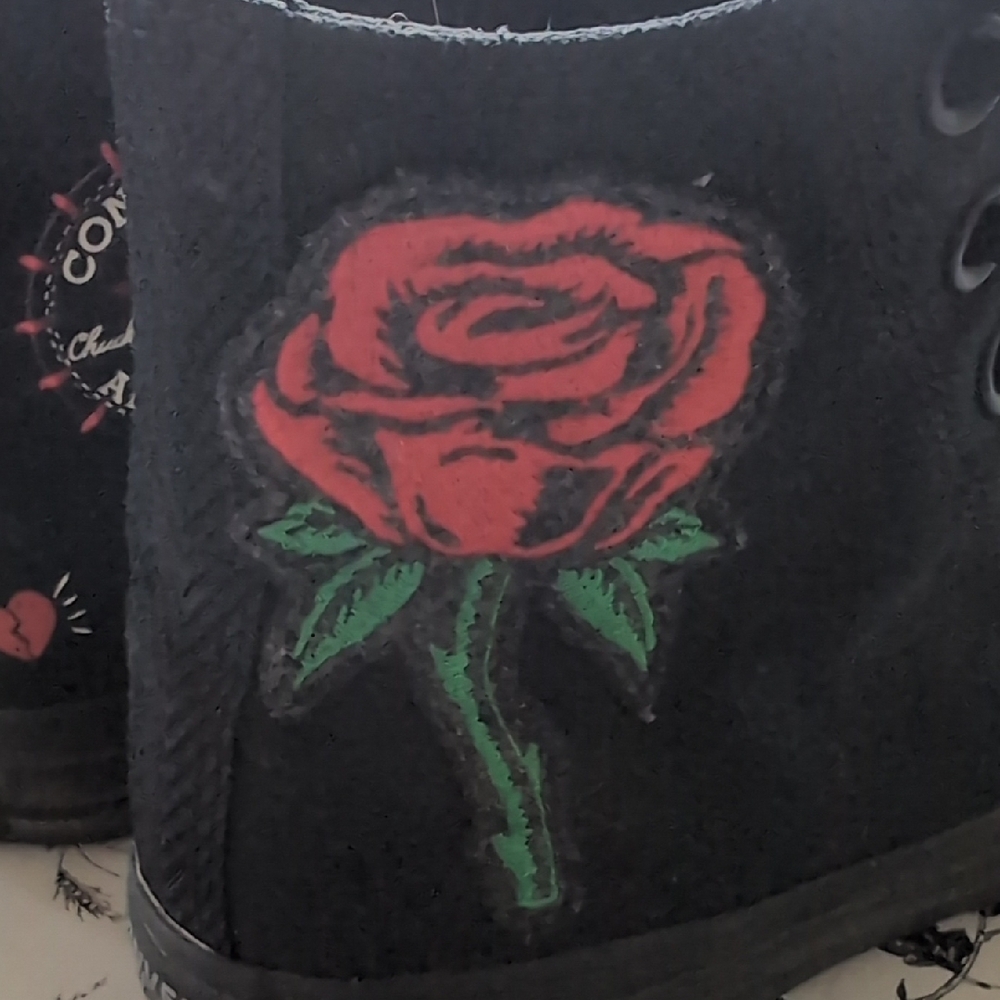 Converse Black High-Tops with Red Rose Design - Picture 3 of 7